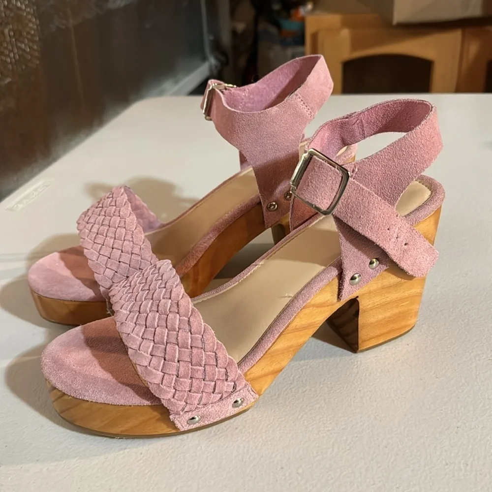 Rag & Co APRIL Light Pink Wooden Clogs In Suede Weave. Size 10 - Picture 2 of 11